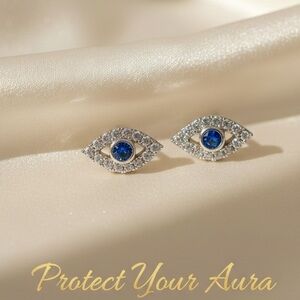 Minimalist Sterling Silver Plated Evil Eye Studs with Blue & Clear Crystals